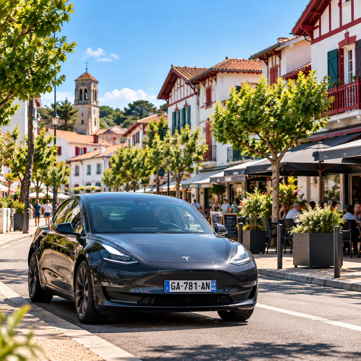 Ma Borne LR Anglet - Tesla devant un café basque ensoleillé